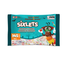 Load image into Gallery viewer, A package of Sixlets Halloween chocolate candies, featuring a bright teal bag with a cartoon bug character and a spooky graveyard illustration, on a plain white background.